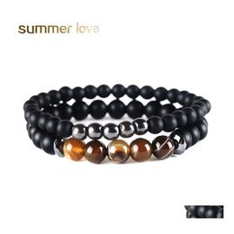 Charm Bracelets Handmade 8Mm Matte Natural Stone Beaded Bracelet Set For Women Men 6Mm Alloy Energy Yoga Black Beads Jewelry Drop Del Dhov9