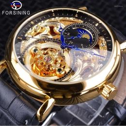 Forsining Golden Skeleton Clock Male Moon Phase Fashion Blue Hands Waterproof Men's Automatic Watches Top