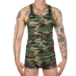 Men's Tank Tops CLEVER-MENMODE Men Sexy Undershirt Vest Sleeveless Singlet Boxers Shorts Set Camouflage Clothing Bottoms