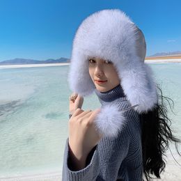 Women's Real Fox Fur Hat Russian Ushanka Hats Cap Aviator Trapper Bomber Hats