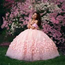 Fashion 3D Pink Flora Girls Pageant Dresses Ball Gown Off Shoulders Lace Appliques Puffy Long Kids Toddler Formal Flower Girls Dress