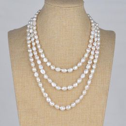 Chains Hand Knotted Necklace 3 Rows Natural 9-10mm White Baroque Freshwater Pearl Sweater Chain 17-19inchChains