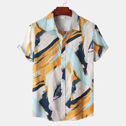 Men's Casual Shirts Splice Print Beach Hawaiian Short Sleeve Male Tops Turn-down Collar Button Men Chemise HommeMen's