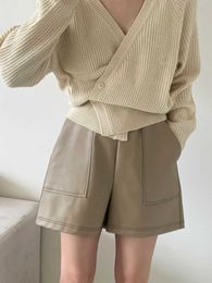 Women's Shorts High-waisted Leather Loose Korean Fashion Elastic Waist Autumn and Winter Wide-leg Pants Y2302