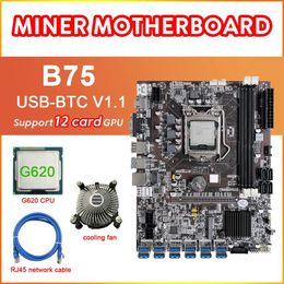 Motherboards AU42 -B75 12 Card BTC Mining Motherboard G620 CPU Cooling Fan RJ45 Network Cable 12XUSB3.0(PCIE) Slot LGA1155 DDR3 RAM MSATA