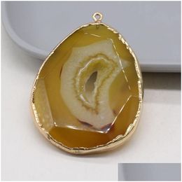 Charms Natural Semiprecious Stone Pendant Yellow Agate Gilded Edge 40X50Mm Diy Jewelry Making Necklace Bracelet Giftcharms Dro Dh0Ug