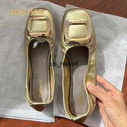 Dress Shoes 2022 Ballet Flats Shoes Women Fashion Foldable Square Toe Rhinestone Buckle Golden PU Leather Ballerina Shoes Soft Comfortable T230208