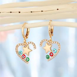 Hoop Earrings 1Pair Lucky Eye Hollow Heart Star Earring For Women Vintage Cute Zircon Colourful Turkish Love Ear Stud Bohe Jewellery