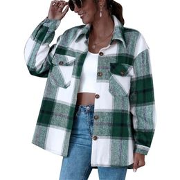 Women's Jackets Female Coat With Pockets Plaid Turn-Down Collar Long Sleeve Cardigan Jacket For Women Green S/M/L/XL