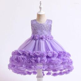 Girl Dresses Purple Sleeveless Lace Toddler Baby Hi-Lo Birthday Wedding Party Handmade Flower Tutu Gown