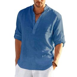 Mens Casual Shirts Linen Long Sleeve Solid Colour Cotton Tops Hemp 230208