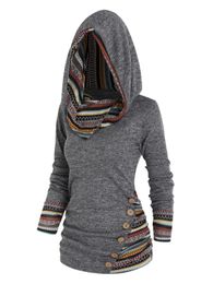 Womens Hoodies Sweatshirts Tribal Geometric Stripe Panel Hooded Knit Top Long Sleeve Mock Button Knitted Women Casual Ethnic With Hood 230208