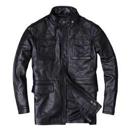 mid-long motorcycle leather coat windbreaker mens genuine leather jacket trench coats spring clothing black outerwear slim fit plus size xxl xxxl