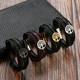 Leather Charms Bracelets Tree of Life Infinity Design Stainless Steel Bracelet Fashion Punk Braided Chain Multi Layer Hip Hop Jewellery Men Women Black Brown Bangles