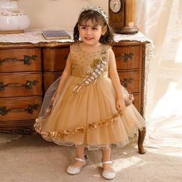 Girl Dresses Gold Baby Kids Infant Flower Princess Party Tutu Gowns Children Wedding Bridesmaid Toddler Pearls Dress Vestidos Clothe