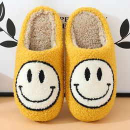 Cotton slippers Winter Smile fluffy Slippers Smiling face womens home with cute lazy thick bottom cartoon non-slip indoor White yellow pink warm shoes