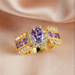 Wedding Rings Luxury Female Purple Oval Crystal Ring Charm Gold Colour For Women Promise Love Flower Engagement