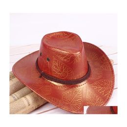 Wide Brim Hats Large Leather Cowboy Hat Flat Top Mens Leaves Printed Felt Bucket Man For Men Women Fedora Owing 20211231 T2 Drop Del Dhgw2