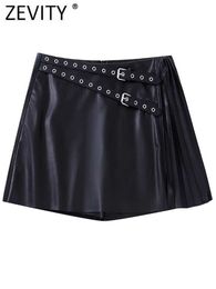 Women's Shorts ZEVITY Women Vintage Belt Design PU Leather Mini Pleated Skirts Female Culottes Hot Chic Pantalone Cortos P2596 Y2302