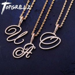Pendant Necklaces TOPGRILLZ New A-Z Cursive Letters Name Pendant Necklace Iced Out Cubic Zircon Gold Silver Colour Charm Hip Hop Jewellery G230206