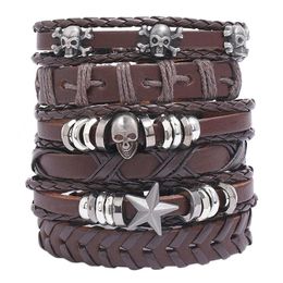 Bangle 6pcs/set Brown Wrap Woven Fashion Handmade Men Bracelets Male Women Leather Bracelet Alloy Skull Jewellery Gift