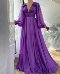 Elegant Purple Silk Chiffon Prom Dresses Long Puff Sleeves A Line V Neck Draped Top Empire Simple Evening Gowns
