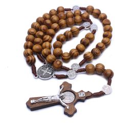 Pendant Necklaces 2023 Arrival Rose Gold Rosary Necklace Handmade Wooden Cross Religious Jewellery