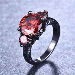 Wedding Rings 8MM Round Red Zircon Engagement For Women Jewellery Vintage Fashion Black Gold January Birthstone Ring Bridal Gifts