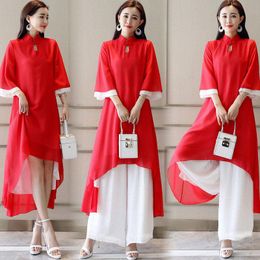 Work Dresses Traditional Vietnam Ao Dai Suit Elegant Long Chinese Dress Women Cheongsam Oriental Party Qipao Aodai Red White Pants Sets