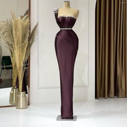 Party Dresses One Shoulder Long Prom Beaded Crystal Satin Women Gowns Floor Length Dark Purple Formal Evening Dress