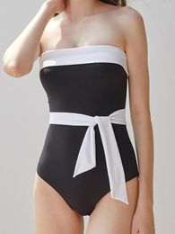 Women's Swimwear Retro Vintage Black White Swimsuit Sexy Women High Waist Belt 2023 Bandeau Bathing Suit One Piece Summer Monokini