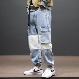 Erkek kot moda sokak kıyafetleri erkekler gevşek fit patchwork eklenmiş tasarımcı denim kargo pantolon büyük cep geniş bacak pantolonları hip hop joggers
