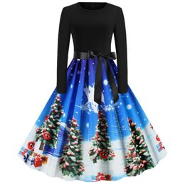 Vestidos casuais Vintag Vista de impressão de árvore de natal de manga longa inverno retchwork