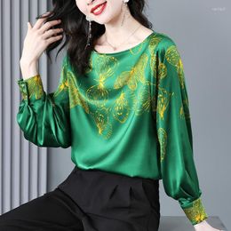 Women's Blouses Casual Blouse Simulation Silk Jacket 2023 Spring European Goods Long-sleeved T-shirt O Neck Agende Printing Clothing