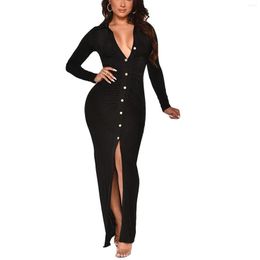 Freizeitkleider Damen Langarmkleid Einfarbig Button-Down Umlegekragen Slim Fit Elegante Kleidung