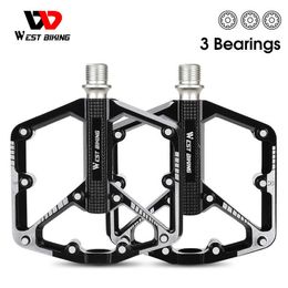 Bike Pedals WEST BIKING 3 Bearings Bicycle Pedals Durable Aluminum Alloy MTB Mountain Road BMX Bike Pedal Anti-slip Flat Cycling Accessories 0208
