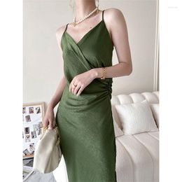 Casual Dresses Ordifree 2023 Summer Women Satin Slip Dress Silk Spaghetti Strap Vintage Slit Green Sexy Long Party