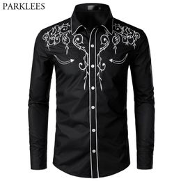 Mens Casual Shirts Stylish Western Cowboy Men Brand Design Embroidery Slim Fit Long Sleeve Wedding Party for Male 230208