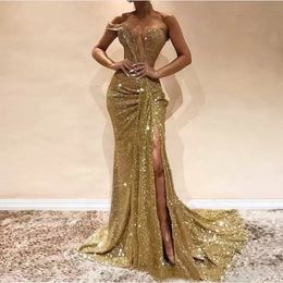 Sexy Gold Sequins One Shoulder Prom Dresses Mermaid Pleats Slit Plunging Long Formal Evening Party Gowns 2023 Robe De Soiree BC14632