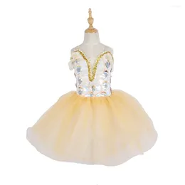 Stage Wear Girls Women Ballet Dance Skirt Yellow Gauze Tutu Costume Fairy Custom Embroidered Sequins Full Of Art