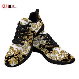 Dress Shoes KUILIU New Men Shoes Luxury Golden European Floral Print Casual Women Sneakers Brand Designer Lace Up Sport Shoes Dropshipping T230208