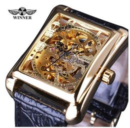 Retro Casual Series Rectangle Dial Design Golden Pattern Hollow Skeleton Watch Men Watch Top Brand Luxury Mechanical