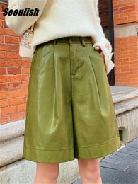 Women's Shorts Seoulish Green PU Leather New 2022 Autumn Winter High Waist Wide Leg Pants Elegant Female Solid Trousers Pocket Y2302