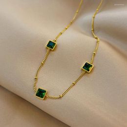 Chains 316L Stainless Steel Green Imitation Gems Square Pendant Necklaces Clavicle Chain For Women Fashion Fine Jewelry Party Gifts