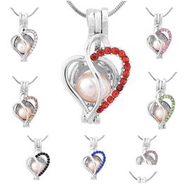 Lockets Wholesale Fashion Jewelry Sier Plated Pearl Cage Love Heart With Zircon 8 Colors Locket Pendant Findings Essential Oil Dh8Up