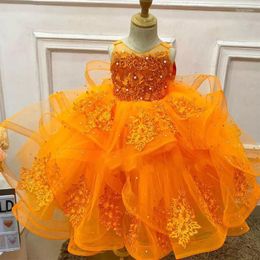 Girl Dresses Orange Tiered Peals Flower For Party Crystal Lace Applique Prom Girls Pageant Dress Kids Child Birthday Gowns