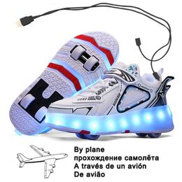 Sneakers Pink USB Charging Fashion Girls Boys LED Light Roller Skate Shoes For Children Kids Sneakers With Wheels Four wheels 230208