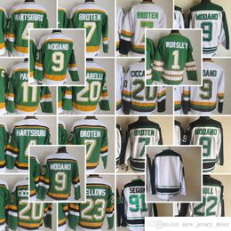 1967-1999 Movie Retro CCM Hockey Jersey Ricamo 7 Neal Broten 1 Gump Worsley 4 Craig Hartsburg 9 Mike Modano 11 PARISE 20 Ciccarelli 22 Hull 23 Bellows 30 Jon Casey