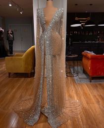 Sparkly Champagne Prom Dresses Long Sleeves V Neck Side Slit Appliques Shiny Sequins Beaded Floor Length Celebrity Diamonds Evening Dresses Plus Size Custom Made