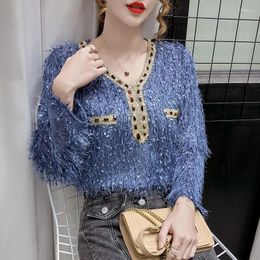 Women's Blouses Fairy V-neck Hairy Gold Tassels Sweat Lazy Windy Fringed Pullovers Sweet Long Sleeve Shirts Tops 2023 Spring Autumn